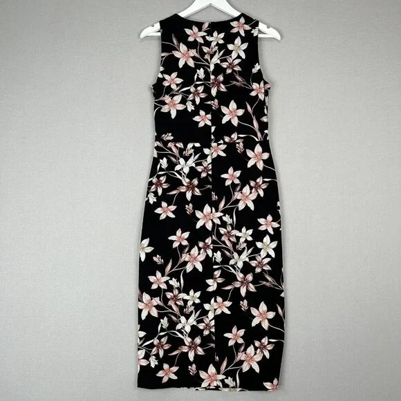 Lauren Ralph Lauren Womens Dress 8 Black Floral Midi Jersey Knot Mock Wrap Work - Picture 8 of 15